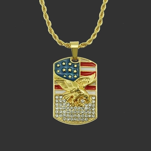 Collier Pendentif Aigle Drapeau Américain Plaqué Or Hip Hop Pour Hommes Alliage Strass Émail Chaîne Corde Bijoux Mode