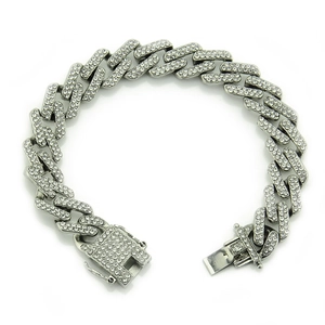 Detailed view of hip hop Cuban link bracelet with square box clasp and clear zircons
