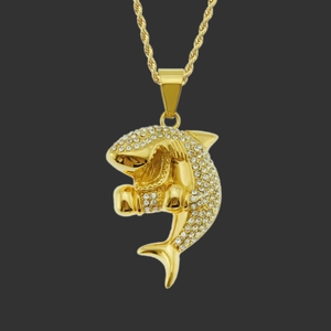 Collier avec Pendentif Requin Style Hip Hop Iced Out pour Hommes Bijoux en Alliage avec Strass Couleur Or Argent Chaîne Torsadée