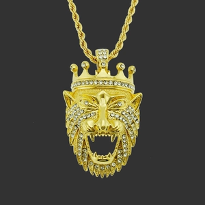 Collier Pendentif Tête de Lion Hip Hop pour Hommes Alliage Incrusté de Strass Bijoux Iced Out Or Argent Chaîne Torsadée