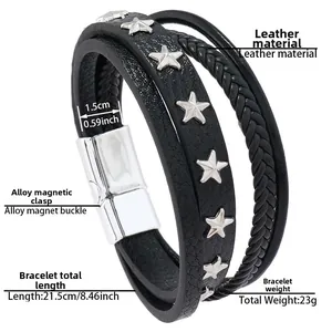 Detail view of multi-layer leather bracelet with star studs and magnetic clasp specifications