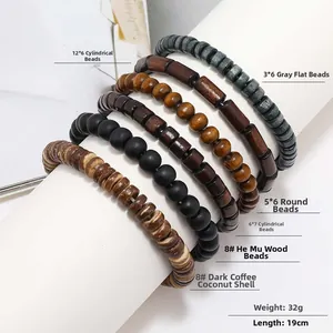 Detail of stacked handmade wood and coconut shell beaded bracelets for men