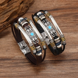 Bracelet Vintage en Cuir Multicouche pour Homme avec Fermoir en Acier Inoxydable Alliage Turquoise Artificielle Fait Main