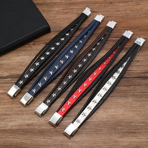 Men's multi-layer braided leather bracelets with star studs and magnetic clasp