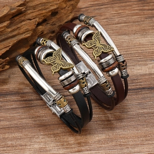 Vintage Multi-layer Leather Bracelet For Men Women Handmade Woven Cord With Bronze Butterfly Charm Stainless Steel Buckle Retro Jewelry