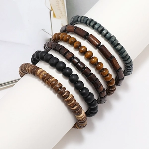 Men's retro wooden bead bracelet set with natural coconut shell and elastic layers