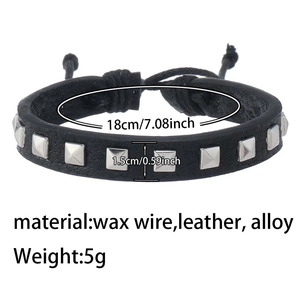 Detail view of adjustable leather rivet bracelet with dimensions and material specifications