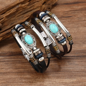 Bracelet Multicouche en Cuir Rétro Avec Turquoise Artificielle Fermoir en Acier Inoxydable Bijoux Tressés Boho Homme Femme