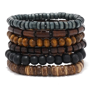 6-piece set of men's vintage beaded bracelets with natural wood and coconut shell textures