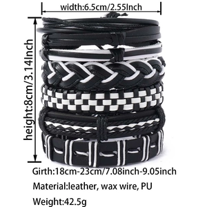 Adjustable men's hip hop leather bracelet set with size and weight detail overlay