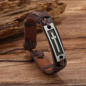 Men's Vintage Leather Braided Bracelet Alloy Cross Charm Adjustable Brown Retro Gothic Jewelry Punk Hand Woven Wristband Gift