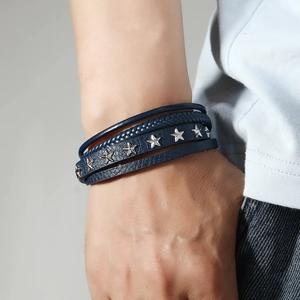 Men's multilayer navy blue leather bracelet with silver star studs and magnetic clasp
