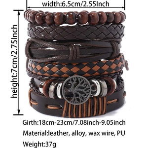 Detailed view of 5-piece retro tree of life leather braided bracelet set for men with beads