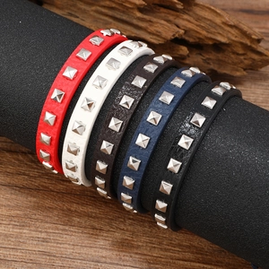 Handmade Leather Bracelet With Square Alloy Rivets Punk Style Adjustable Wax Cord Wristband For Men Women Fashion Streetwear Jewelry