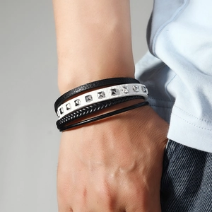 Men's multi-layer leather bracelet with silver metal studs and magnetic buckle