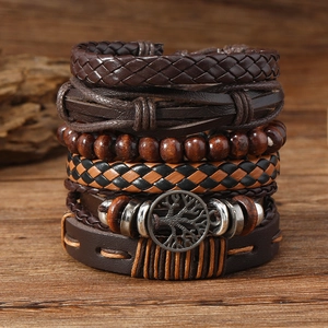 Vintage Tree Of Life Handmade Leather Woven Bracelet Set For Men Unisex Bohemian Multi Layer Leather Cord Wood Bead Wristband Jewelry