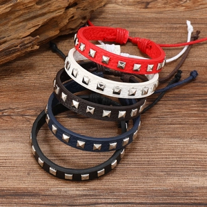 Adjustable punk leather bracelets with square metal studs in five different colors
