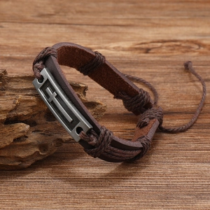 Retro men's braided leather bracelet featuring an adjustable metal cross pendant