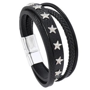 Men's multilayer black leather bracelet featuring silver pentagram stars and magnetic clasp