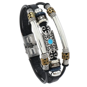 Bracelet multicouche en cuir pour homme avec pierre bleue et fermoir en acier inoxydable