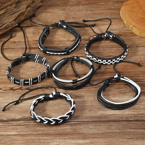 6-piece black and white woven leather bracelet set for men with adjustable cords