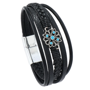 Bracciale multistrato in pelle nera da uomo con ciondolo a margherita blu e chiusura magnetica