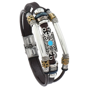 Bracelet multicouche en cuir pour homme avec perles en acier et pierre bleue