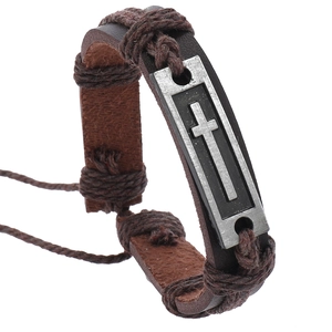 Vintage braided leather bracelet with a retro silver cross metal plate for men