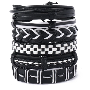Men's hip-hop braided leather bracelet set featuring six black and white punk style bands