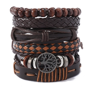 Retro multi-layer leather bracelet set with tree of life charm and wooden beads
