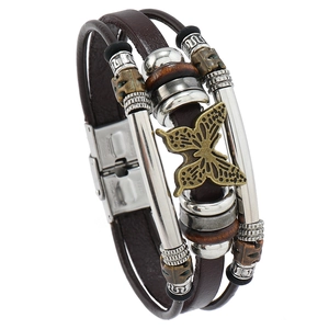 Multi-layer vintage leather bracelet with bronze butterfly pendant and beads in center