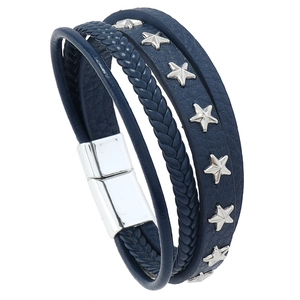 Men's navy multi-layer leather bracelet with star rivet and silver magnetic clasp