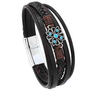 Bracciale multistrato in pelle intrecciata da uomo con elemento floreale blu