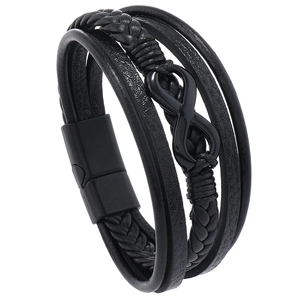 Macro detail of men's black braided leather bracelet featuring a black infinity symbol