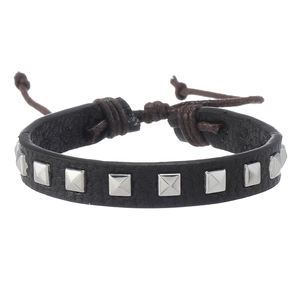 Adjustable black leather punk bracelet with silver square studs for men and women