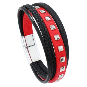 Men's multilayer leather bracelet with red and black straps, silver rivets, and magnetic clasp