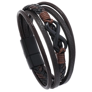 Men's minimalist leather bracelet with infinity symbol and magnetic clasp on white backdrop