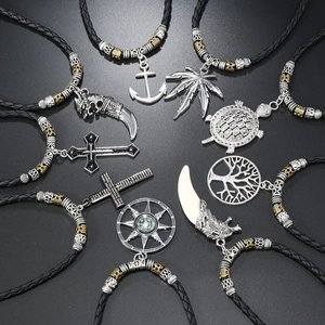 Vintage Men Retro Alloy Pendant Necklace Black Braided PU Cord Adjustable Beaded Necklaces Anchor Cross Compass Jewelry Gift