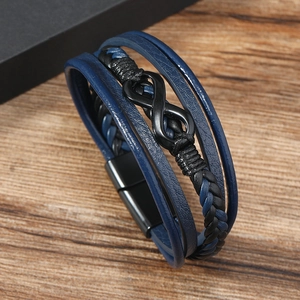 Macro view of multi-layer leather bracelet with infinity symbol and magnetic clasp