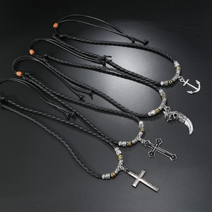 Men's retro pendant necklace set with anchor and cross on black woven cord