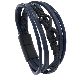 Detail of men's leather infinity bracelet with dark blue braids and black magnetic clasp