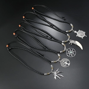 Men's retro beaded necklaces with turtle, wolf, and tree of life charms on black cord