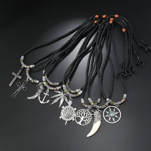 Men's retro pendant necklaces featuring cross, anchor and wolf tooth on black leather cords