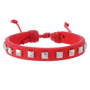 Punk style red leather bracelet with silver square studs and adjustable cord