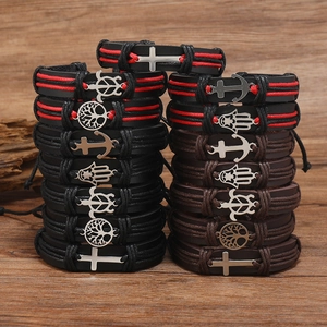 Vintage Handmade Braided Leather Bracelet Hip Hop Punk Alloy Hamsa Tree Of Life Cross Anchor Turtle Charm Bracelet Unisex