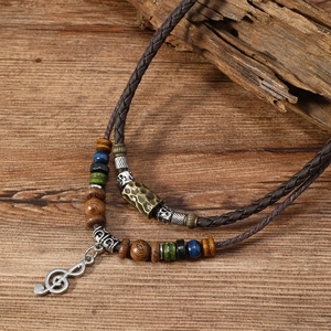 Vintage Woven Adjustable Drawstring Necklace For Women Men Multi Layer Music Note Pendant Wood Beads Neck Jewelry Handmade