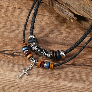 Vintage Cross Pendant Necklace For Men Women Double Layer Adjustable Black Wax Cord Wood Beads Ethnic Style Clavicle Chain Jewelry