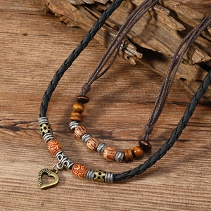 Vintage Bohemian Heart Pendant Necklace Multi Layer Handmade Wood Beads Braided PU Leather Wax Cord Jewelry For Women