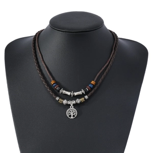 Collier bohème double couche avec cordon en cuir marron et pendentif Arbre de Vie