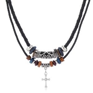 Men's retro double-layer beaded necklace featuring a silver cross pendant and braided cord